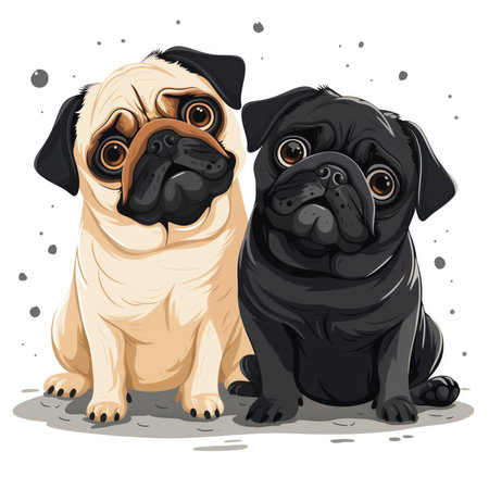 Two cute pugs sitting and looking at camera. Vector illustration.の素材