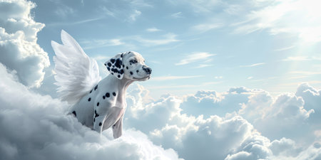 Dalmatian dog with wings flying above clouds. Mixed mediaの素材