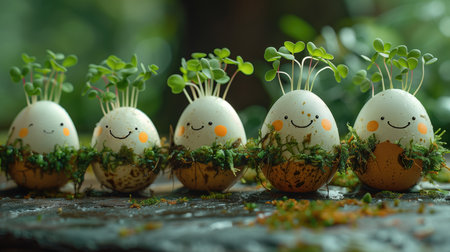 Easter eggs with funny faces and microgreens. Healthy food concept.の素材
