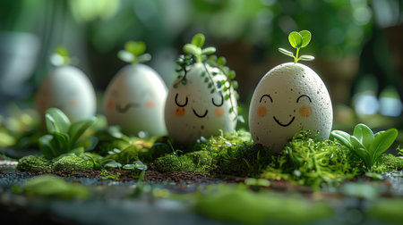 Easter eggs with cute faces and green sprouts on green moss. Happy Easter concept.の素材