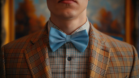 Close-up of a man in a blue bow tie and yellow checked jacketの素材