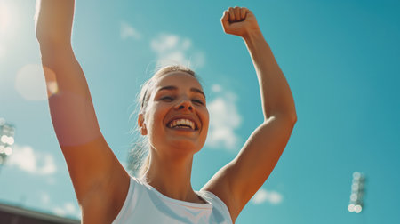 Cheerful young woman with arms raised in the air on a sunny dayの素材