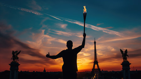 Athlete's silhouette carries torch with Olympian fire amid Eiffel tower at sunset. Olympic Opening Ceremony. Concept of the Paris 2024 Olympic Gamesの素材