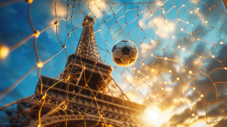 Soccer ball in the net with Eiffel tower in the background. Concept of the Paris 2024 Olympic Gamesの素材