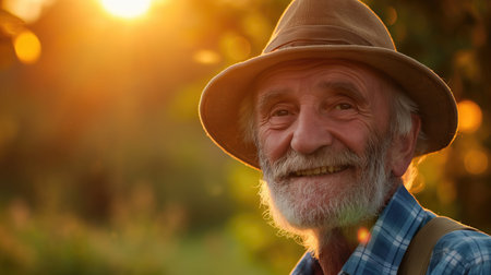 Portrait of a senior man in a hat in the garden at sunset. Concept happy old ageの素材