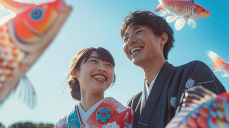 Hppy Japanese couple in kimono with koi fish on blue sky background. Concept of Celebrate Golden Week in Japan or National Koi Dayの素材