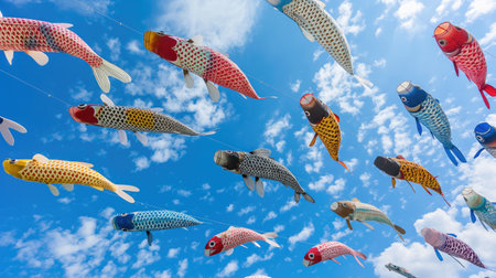 Koi fish hanging on a rope with blue sky and white clouds. Concept of Celebrate Golden Week in Japan or National Koi Dayの素材