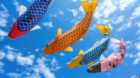 Koi fish hanging on a rope with blue sky and white clouds. Concept of Celebrate Golden Week in Japan or National Koi Dayの素材