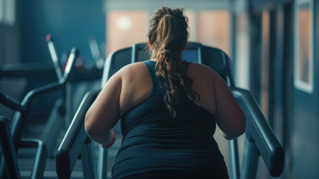 Fat woman wearing a gray sportwear running on a treadmill in the gym. The concept of weight loss and a healthy lifestyleの素材