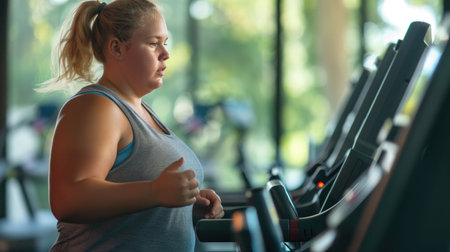 Fat woman wearing a gray sportwear running on a treadmill in the gym. The concept of weight loss and a healthy lifestyleの素材