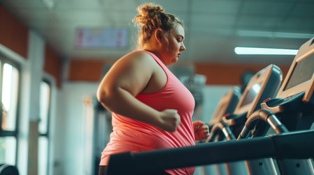 Fat woman running on a treadmill in a gym. Toned imageの素材