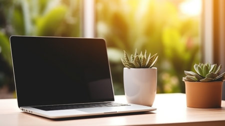 Laptop with blank screen on wooden table with green plant in potの素材