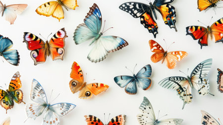 Many different butterflies on a white background. The concept of collecting butterflies. Lepidopterophiliaの素材