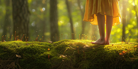 Barefoot girl in yellow dress stands on moss in the forest with sunny glare. The concept of unity with natureの素材