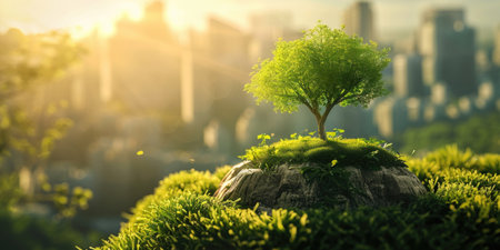 Green tree growing on moss in the garden with sunlight and city backgroundの素材