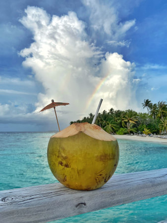 Coconut on a tropical beach with a rainbow in the skyの写真素材