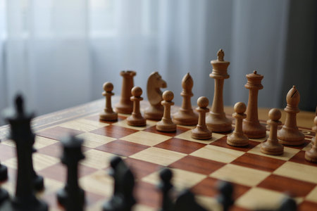 Wooden chess pieces are arranged on a board indoors with soft natural light coming through a window....