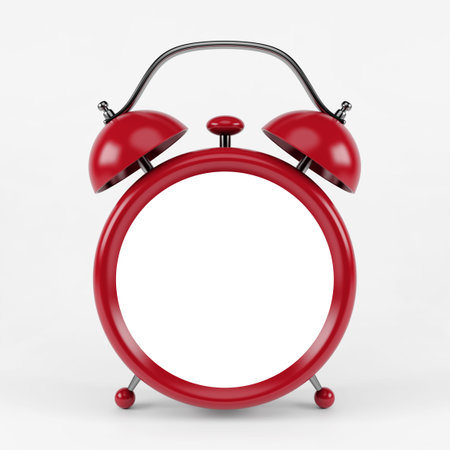 3d illustration of glossy red alarm clock against white background with space for text