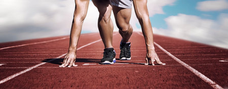 Sport. Unknown young runner on the start line. Horizontal