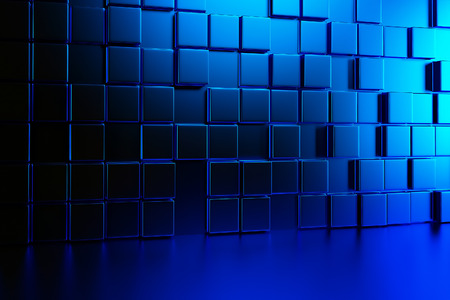 Abstract background wall of blue cubes and blue floor. 3d renderの写真素材