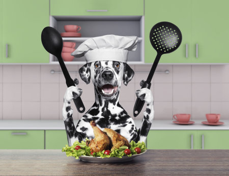 Cook dalmatian dog sitting in the kitchenの写真素材