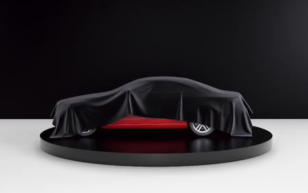 New red car hidden under black cover on black and white background. 3d renderの写真素材