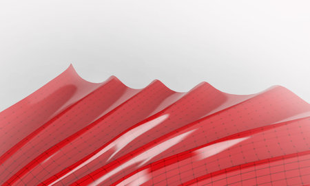 Red abstract shape with connecting dots and lines on white background. 3d render