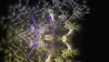 Beautiful green and blue background of glowing particles and lines with depth of field and bokeh. 3d illustration, 3d renderの写真素材