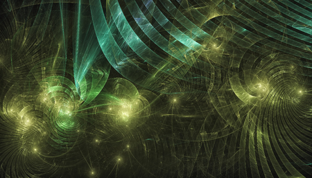 Beautiful green background of glowing particles and lines with depth of field and bokeh. 3d illustration, 3d renderの写真素材