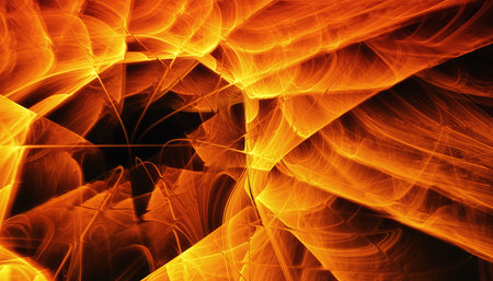 Beautiful orange background of glowing particles and lines with depth of field and bokeh. 3d...