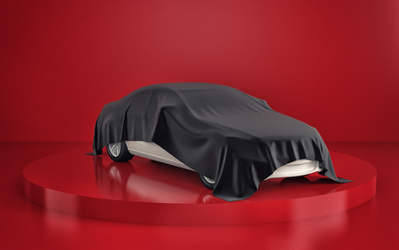 Car presentation in red showroom. 3d renderingの写真素材