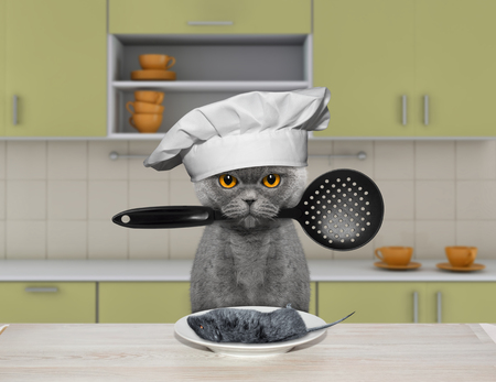 The hungry cat is going to cook a mouseの写真素材