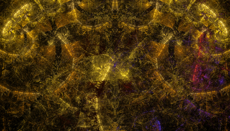 Beautiful gold background of glowing particles and circles with depth of field and bokeh. 3d illustration, 3d renderの写真素材