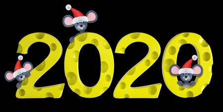Happy new year 2020 greeting card with cute mouses and cheeses isolated on black. Animal wildlife holidays cartoon character. 3d render.の写真素材