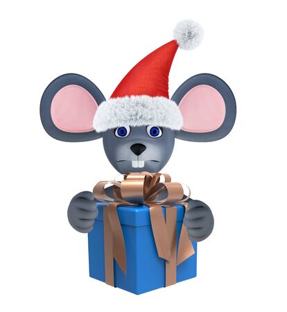 Year of the Rat. Happy New Year 2020. Banner, flyer, postcard. Mouse with present box isolated on white. 3d renderの写真素材