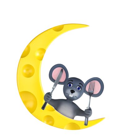 Happy new year 2020 greeting card with cute mouse and cheese isolated on white. Animal wildlife holidays cartoon character. 3d render.の写真素材