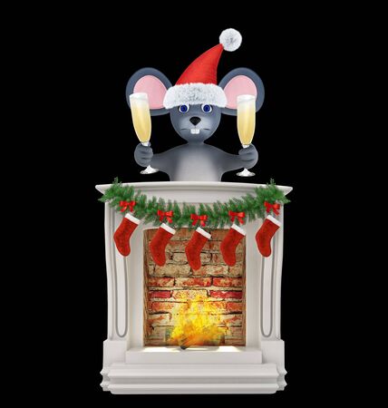 Year of the Rat. Happy New Year 2020. Banner, flyer, postcard. Mouse near the fireplace with champagne isolated on black. 3d renderの写真素材