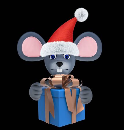 Year of the Rat. Happy New Year 2020. Banner, flyer, postcard. Mouse with present box isolated on black. 3d renderの写真素材