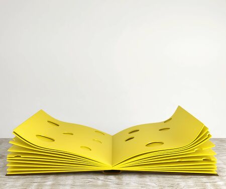 Slices of cheese folded like a book on a white wooden table. 3d renderの写真素材