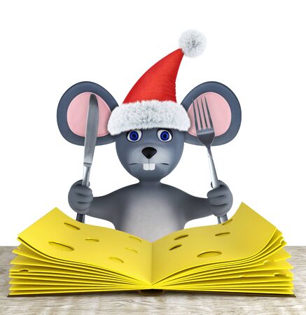 Cute mouse and slices of cheese folded like a book on a white wooden table isolated on white. 3d renderの写真素材