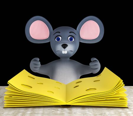 Cute mouse and slices of cheese folded like a book on a white wooden table isolated on black. 3d renderの写真素材