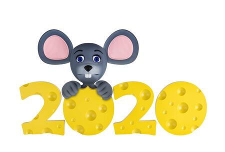 Happy new year 2020 greeting card with cute mouses and cheeses isolated on white. Animal wildlife holidays cartoon character. 3d render.の写真素材