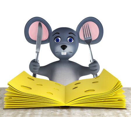 Cute mouse and slices of cheese folded like a book on a white wooden table isolated on white. 3d renderの写真素材