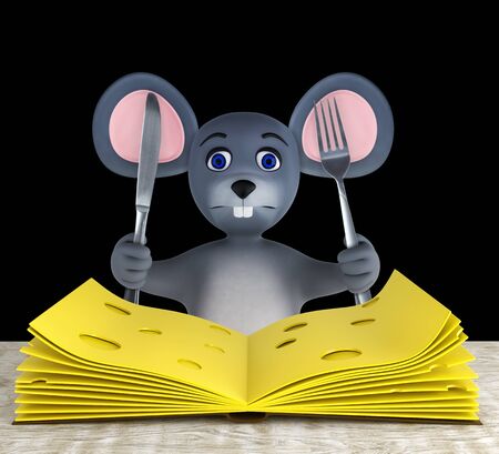 Cute mouse and slices of cheese folded like a book on a white wooden table isolated on black. 3d renderingの写真素材