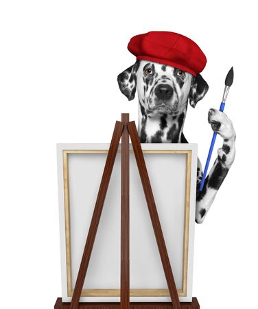 Cute dalmatian dog is a painter artist. Isolated on whiteの写真素材