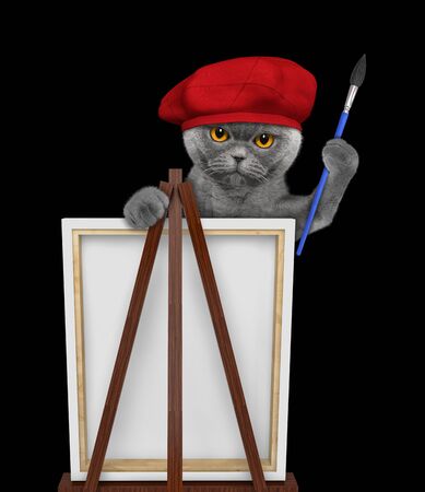 Cute cat is a painter artist. Isolated on blackの写真素材