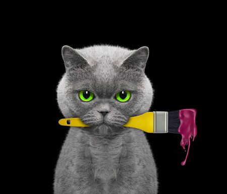 Cat as a painter with brush and red color. Isolated on blackの写真素材