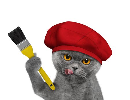 Cute cat as a painter with a brush. Isolated on whiteの写真素材