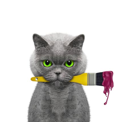 Cat as a painter with brush and red color. Isolated on whiteの写真素材