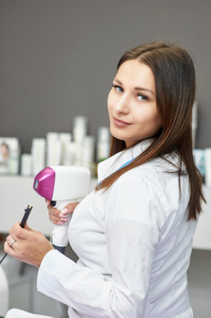 portrait of a young woman in a salon of laser epilation.の写真素材